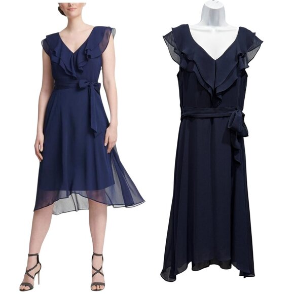 Dkny Dresses & Skirts - DKNY Ruffle Flutter Sleeve Chiffon V-neck Midi Dress Blue Workwear Party Size 10